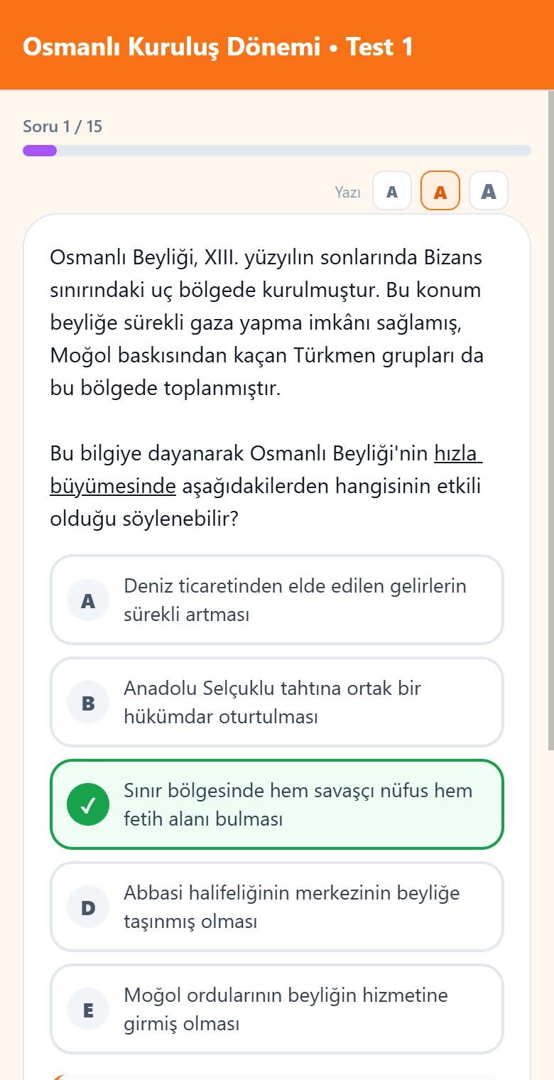 Soru çözme ekranı: seçilen doğru şık yeşille işaretli